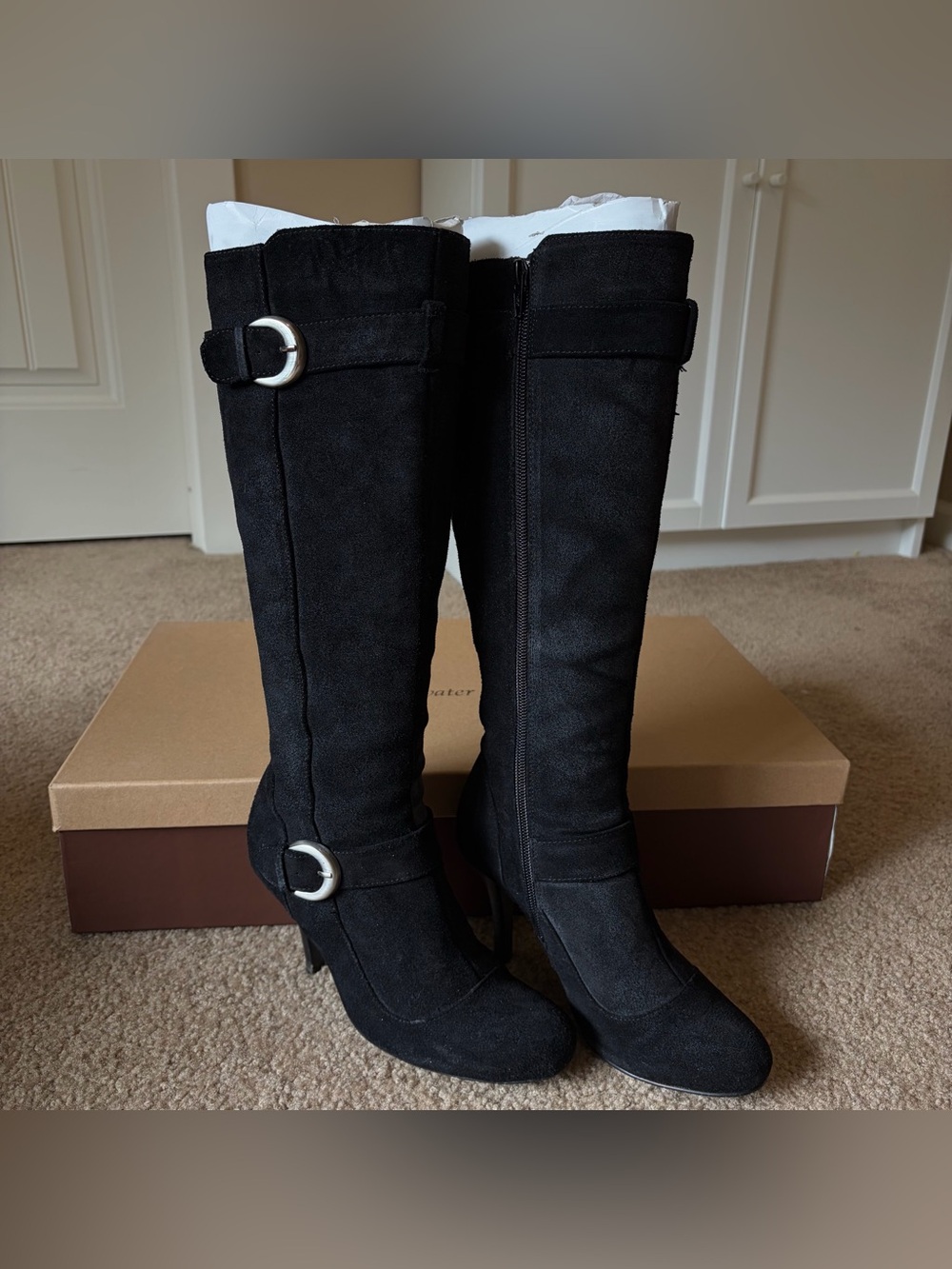 Coldwater Creek Double Buckle Boots Women 6M Black Suede High Heel Knee High